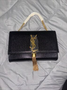Saint Laurent Black Leather Monogram Tassel Shoulder Bag